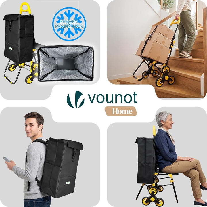 VOUNOT Einkaufstrolley Treppensteiger mit Kühlfach und Klappsitz, Einkaufswagen Klappbar mit 3 Räder