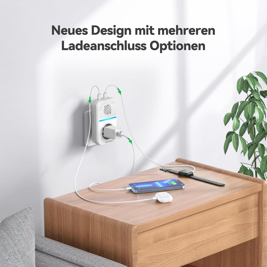 TECKNET IP65 Funkklingel Batterielosel IP65 400M mit 3 EU-Steckdosen 6 USB | 60 Melodien, 5 Lautstär