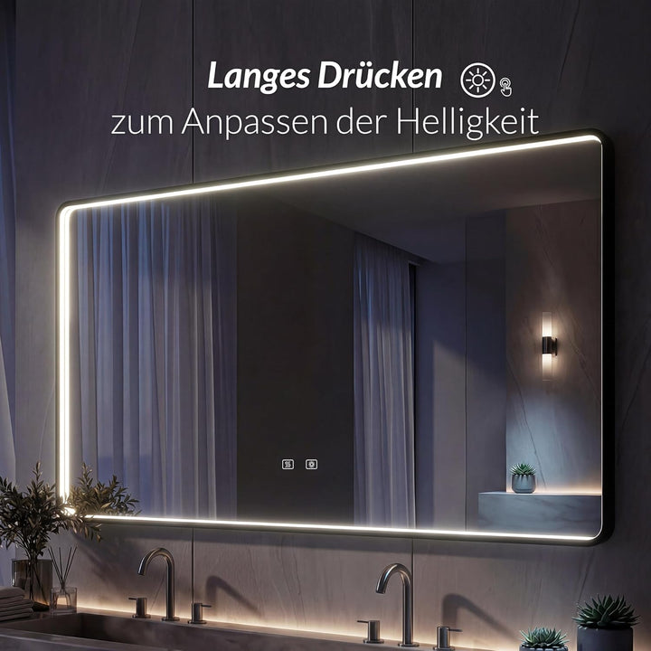 LED Badspiegel mit Aluminiumrahmen, 5mm Kupferfreier HD Silber-Spiegel, 3 Lichtfarben Dimmbar, Wands