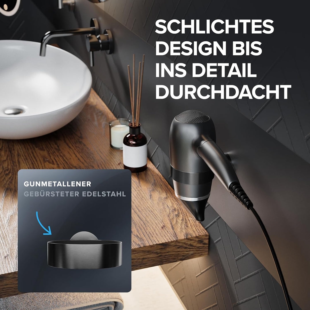 Haartrocknerhalter Mesmogtind | Edelstahl | Gunmetal | Wandmontage zum Bohren | mit Fönpolsterung |