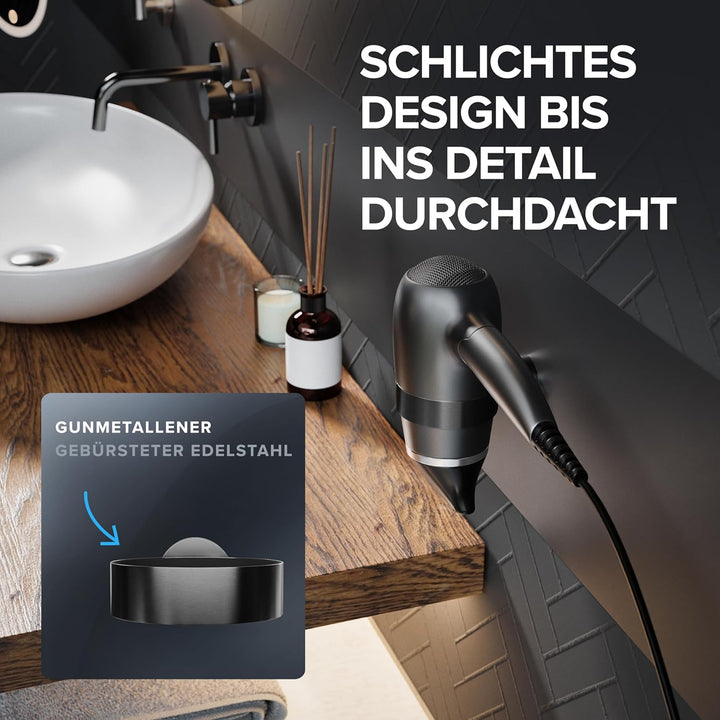 Haartrocknerhalter Mesmogtind | Edelstahl | Gunmetal | Wandmontage zum Bohren | mit Fönpolsterung |