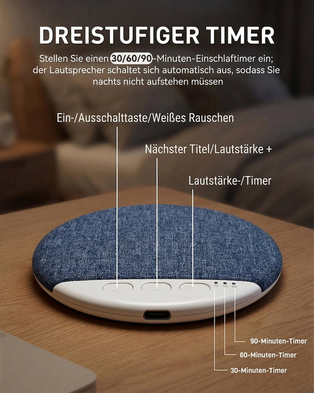 Kissenlautsprecher Bluetooth, Tragbarer Kopfkissen Lautsprecher mit BT 5.4, Weissem Rauschen & Timer