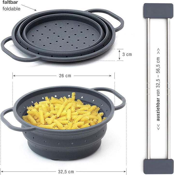 Sanni Shoo KOMBIPAKET: Faltbares Sieb, Seiher, Dämpfeinsatz 26 cm Ø UND drip.line Spültuch- und Uten