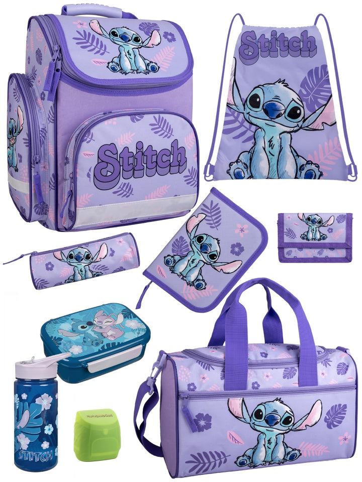 Familando - Schulranzen Set - 9-teilig mit Lunch-Set - Disneys Lilo und Stitch - Ergonomisch, stabil
