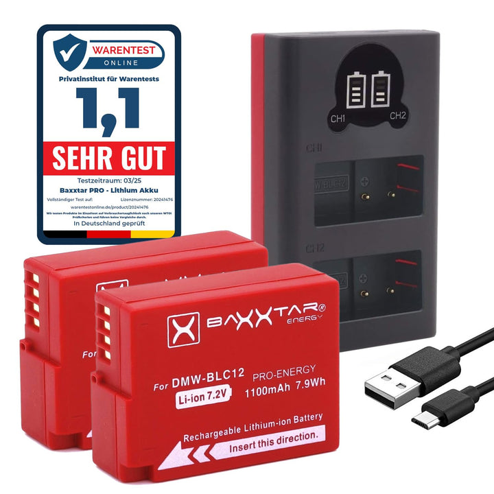 Baxxtar Pro DMW-BLC12 E DMW-BLC12E Kamera-Akku Pack mit Ladegerät Mini 18622 LCD DUAL (Eingang USB-C