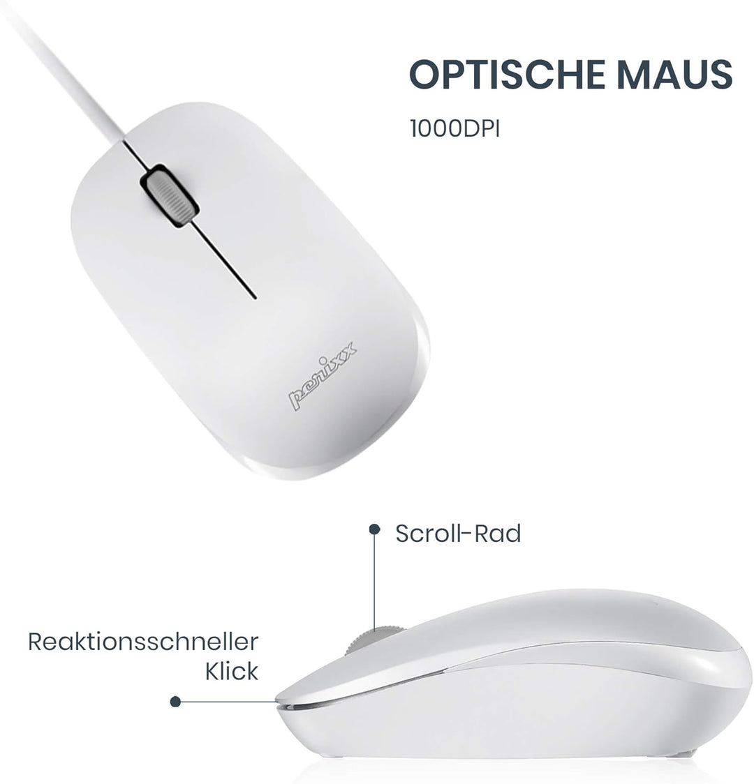 Perixx PERIDUO-212 Kompaktes Mini Tastatur und Maus Set, USB-Kabel, Deutsches Layout, Weiss