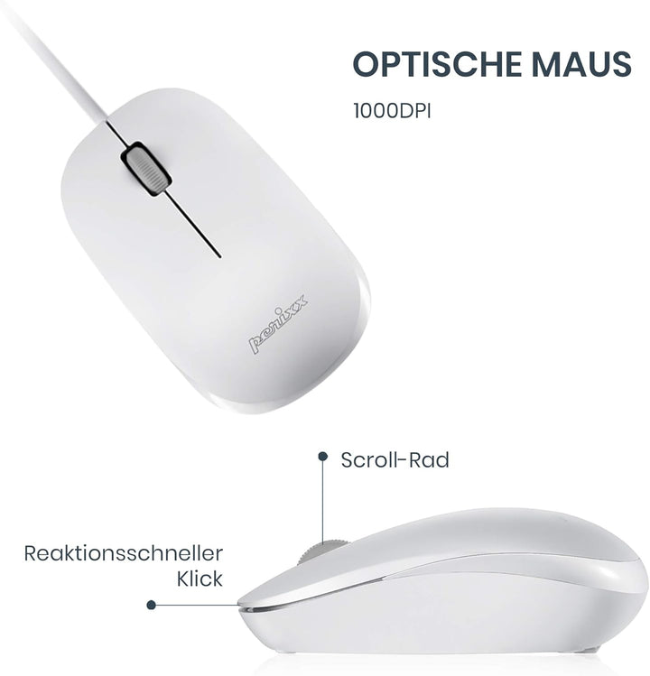 Perixx PERIDUO-212 Kompaktes Mini Tastatur und Maus Set, USB-Kabel, Deutsches Layout, Weiss
