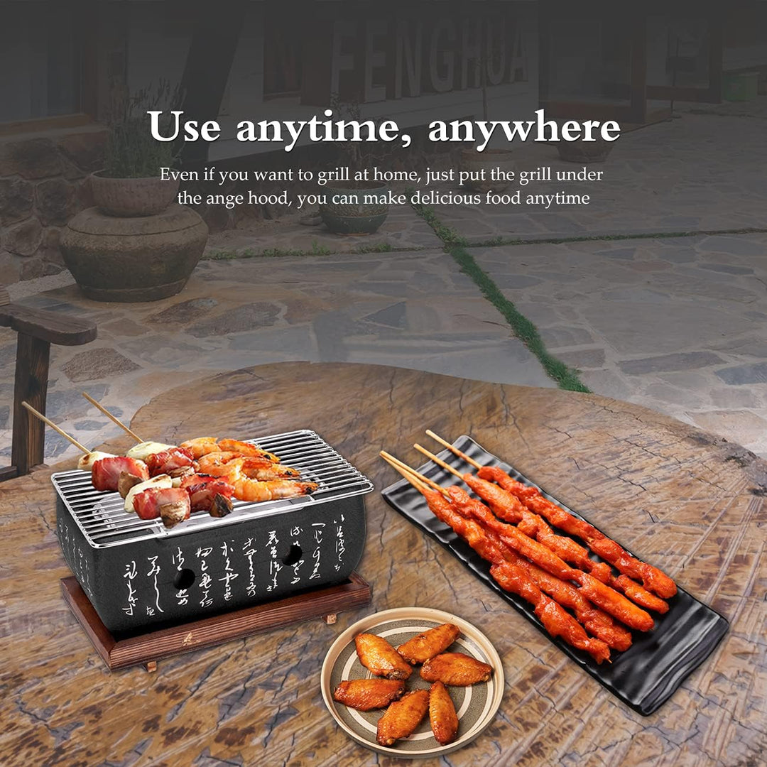 Japanischer BBQ Grill Mini Holzkohle Tischgrill mit Backblech Drahtgitter und Holzbasis, 24 x 12,5 x