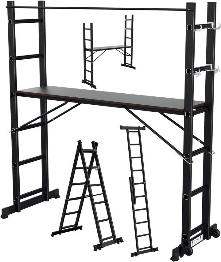 Gimisgu Gerüst, 4 in 1 Alu Multifunktionsleiter 6+6 Stufen, Mobile Mehrzweckleiter mit Plattform und