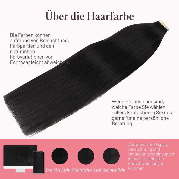 GOO GOO Tape in Extensions Echthaar, Natürliches Schwarz Real Remy Echthaarverlängerungen Nahtlose g