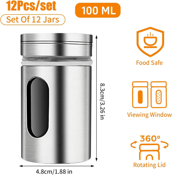 12Pcs Edelstahl Gewürzstreuer mit Deckel & Sichtfenster, 100ml 3-Fach Streuregulierung Gewürzgläser