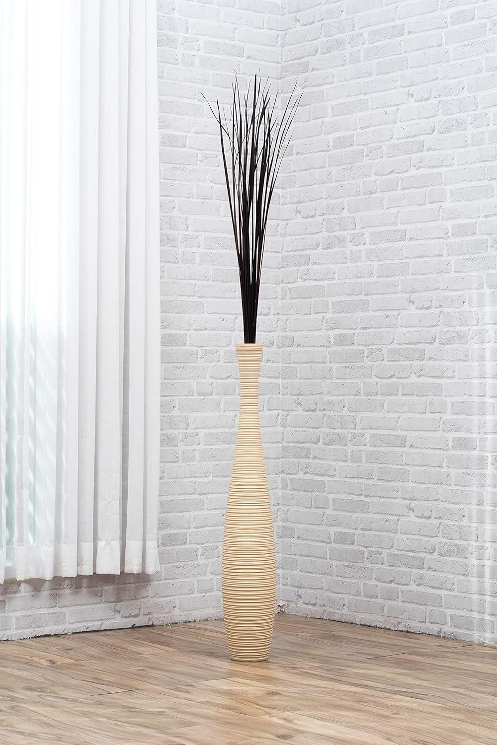 Leewadee Grosse Bodenvase für Dekozweige hohe Standvase Design Holzvase, Holz, 90 cm, Creme 90 cm Cr