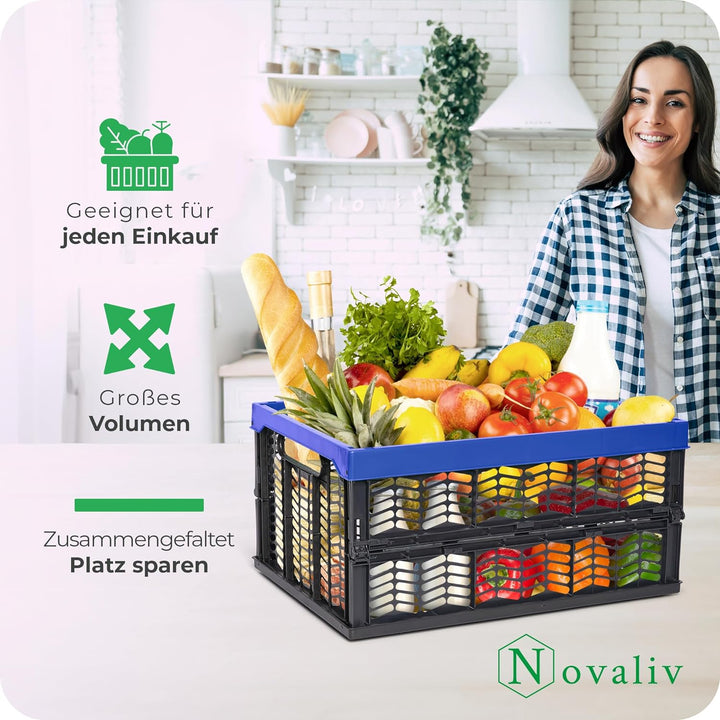 Novaliv Klappboxen faltbar stabil 4x 30L Blau Schwarz baskets Einkaufskiste Klappkisten Set Tragebox