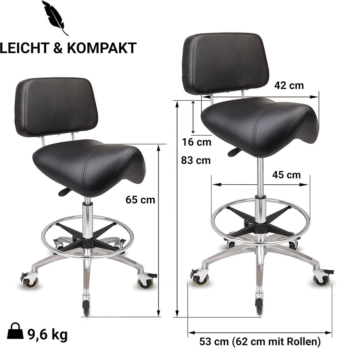 Staboos Rollhocker bis 160 kg - Premium Sattel Sitz mit Lehne und Bremse - Praxishocker (Premium Rol