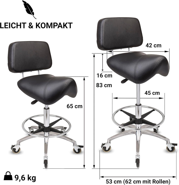 Staboos Rollhocker bis 160 kg - Premium Sattel Sitz mit Lehne und Bremse - Praxishocker (Premium Rol