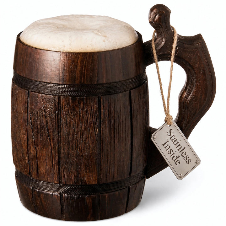 MyFancyCraftLUKRA Bierbecher aus Eichenholz, handgefertigt, Edelstahl-Tasse, 0,6 Liter, 20 Unzen, Ba