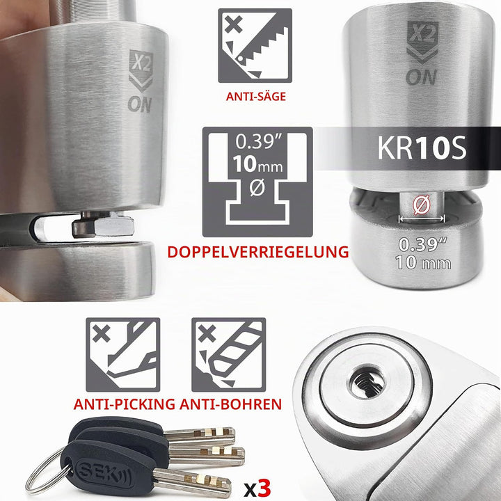 KRASER KR10S Motorrad Alarm Vorhängeschloss, 120dB Double Lock Anti-Diebstahl Bike Disc Clip mit War
