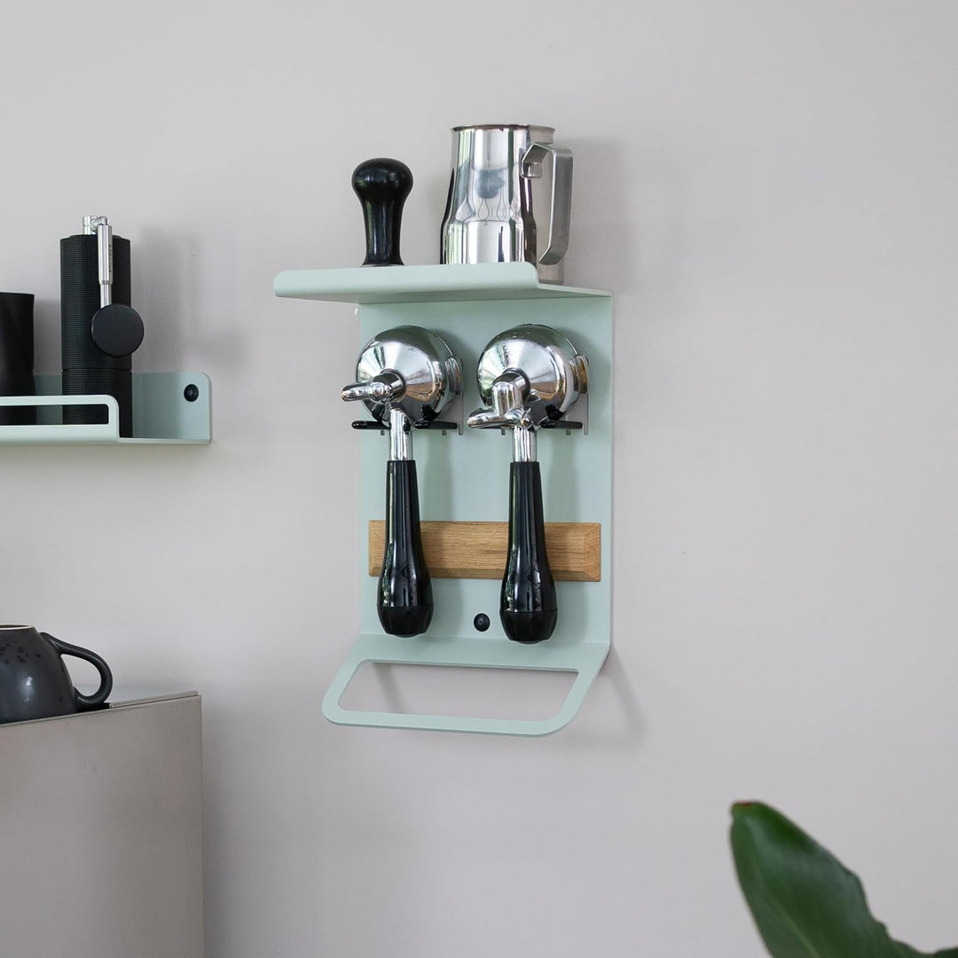 FLATE® Barista Rack Mini: Kompaktes Wandregal für Barista Zubehör mit Siebträgerhalter (Helles Graub