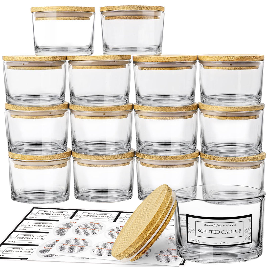 CONNOO 15 Stück 120 ml Klare Glas-Kerzengläser mit luftdichten Bambusdeckeln zum Kerzenmachen, klein