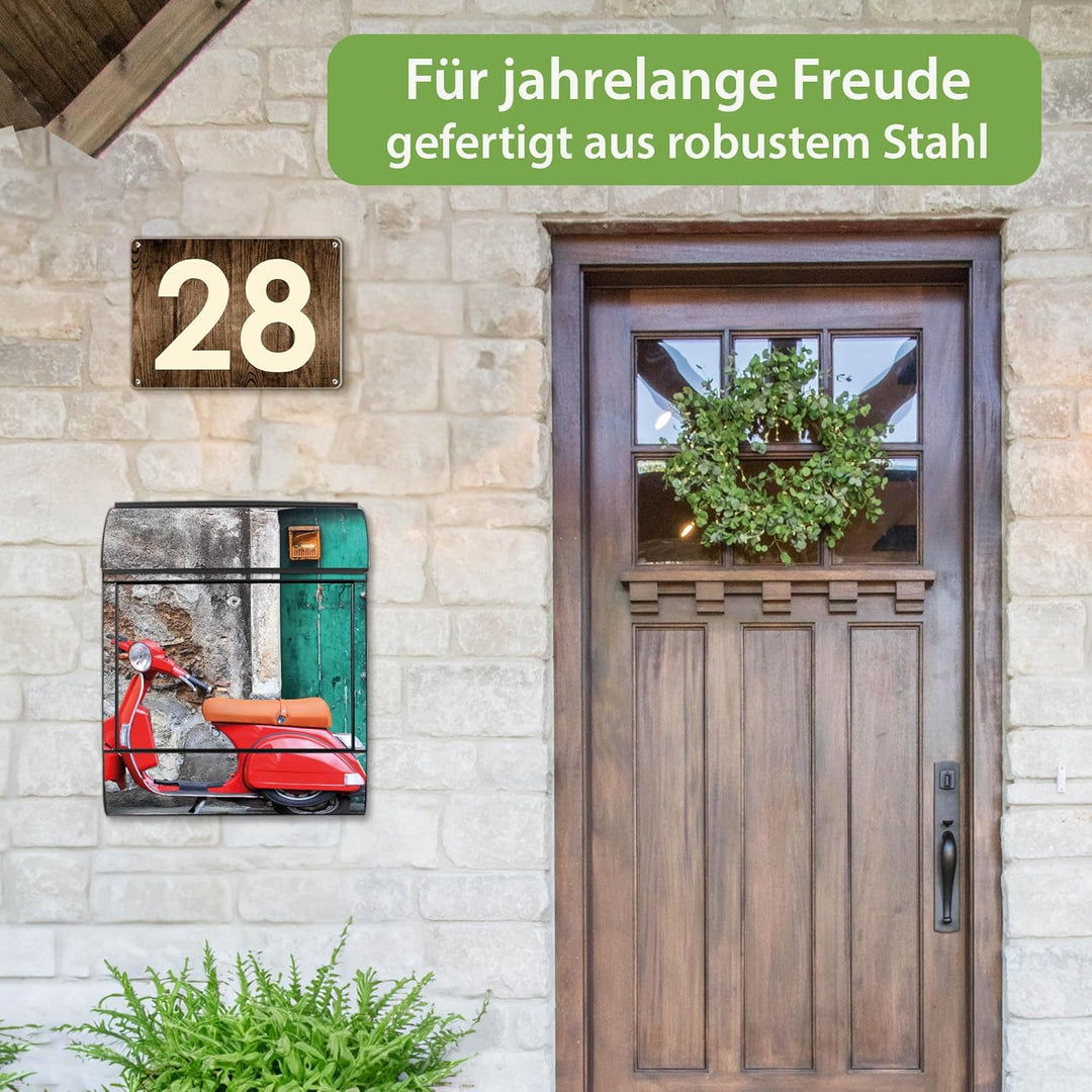 banjado® Design Briefkasten mit Motiv Italienischer Roller 39x47x14cm & 2 Schlüssel - Briefkasten St