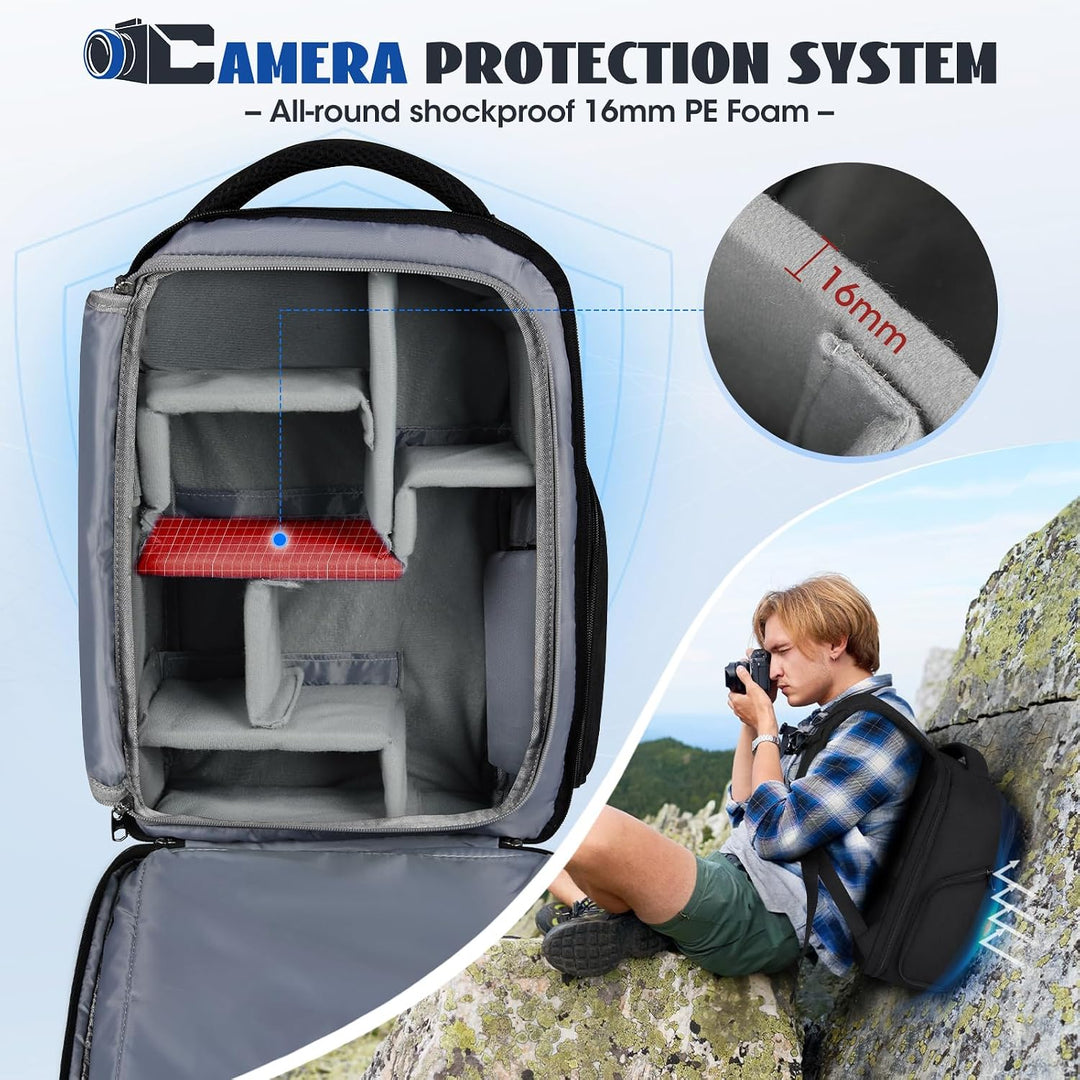 RAINSMORE Fotorucksack Kamerarucksack Gross mit 14 Zoll Laptopfach Leicht Kamera Rucksack DSLR SLR K