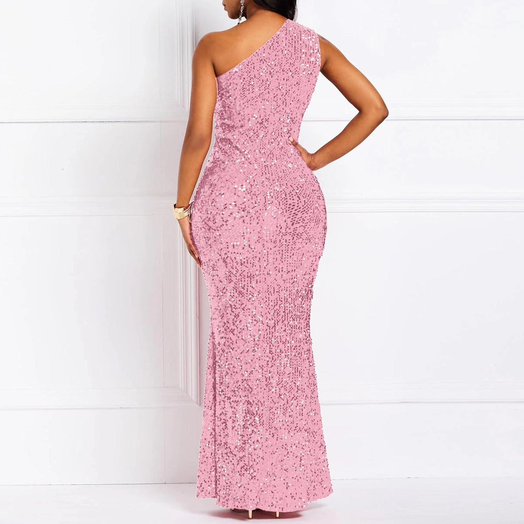 VERWIN Pailletten Mode ärmellose schräge Kragen Meerjungfrau Frauen Maxikleid Bodycon Kleid Partykle