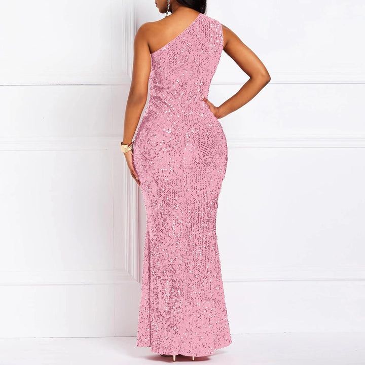 VERWIN Pailletten Mode ärmellose schräge Kragen Meerjungfrau Frauen Maxikleid Bodycon Kleid Partykle