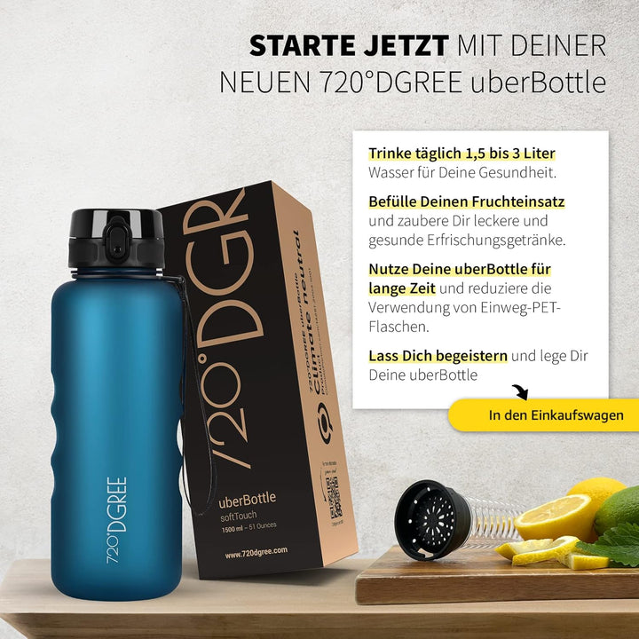 720°DGREE Trinkflasche “uberBottle“ 350ml, 500ml, 650ml, 1l softTouch +Früchtebehälter - Auslaufsich