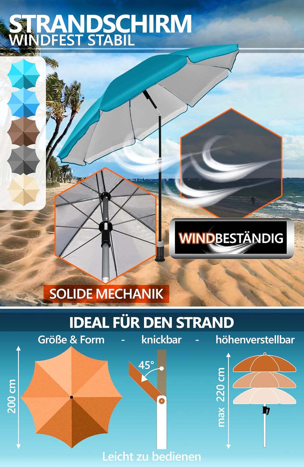 4smile Sonnenschirm Strand Ø 200 cm, 3-in-1 SET mit Bodenhülse, Türkis | UPF 50+ Strandschirm + Sonn
