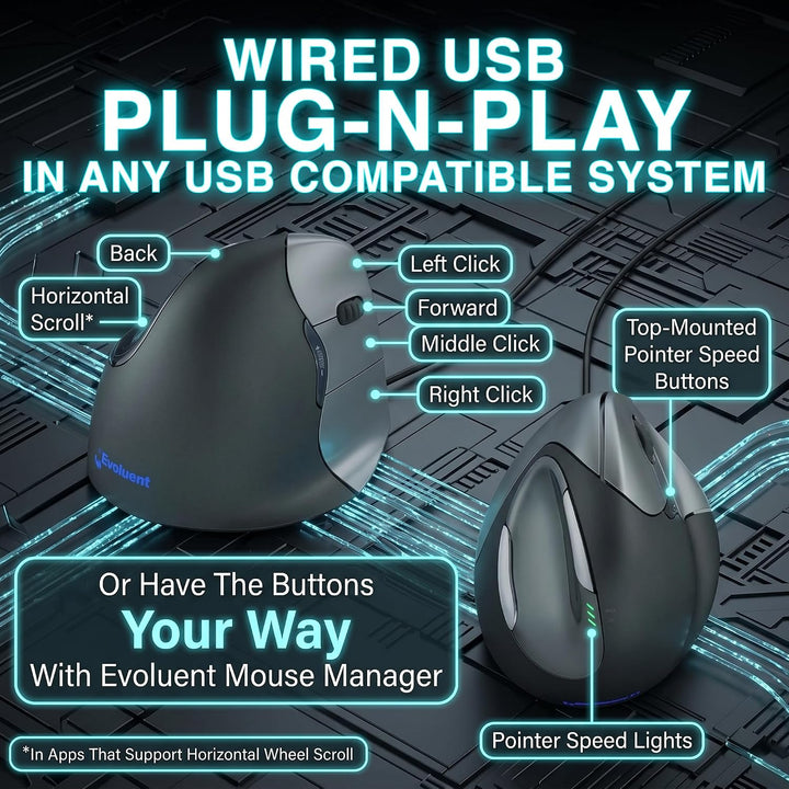Evoluent VM4R Vertical Mouse 4 Maus für Rechtshänder, Schwarz, Grau Single, Single