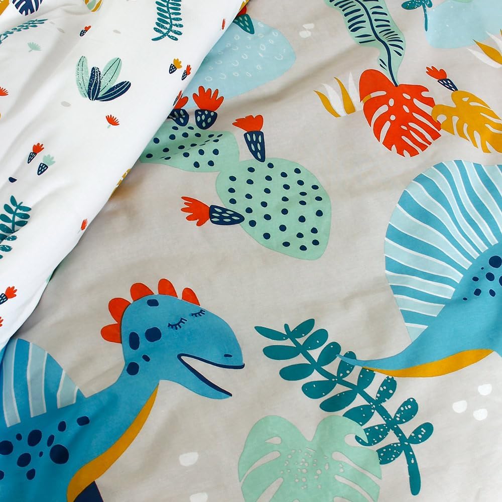 CÔTE DECO Wendebettwäsche für Kinder, Motiv: Dinosaurier, Grün, Bettbezug 140 x 200 cm + 1 Kissenbez