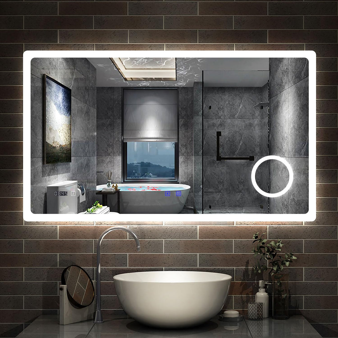 Aica Sanitär Badspiegel mit Bluetooth 120×70cm Uhr Schminkspeigel Kalt/Neutral/Warmweiss dimmbar Tou