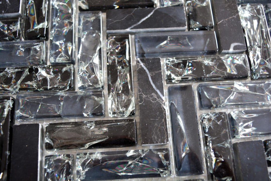 Mosaik Fliese Transluzent schwarz Fischgrät Glasmosaik Crystal Stein WAND BAD WC KÜCHE FLIESENSPIEGE
