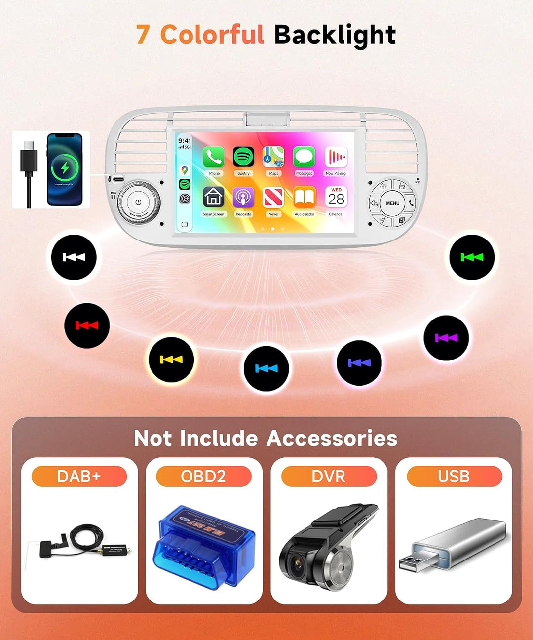 Rimoody 4G+128G Android Autoradio für FIAT 500 2007-2015 Wireless Carplay Android Auto 7 Zoll Touchs