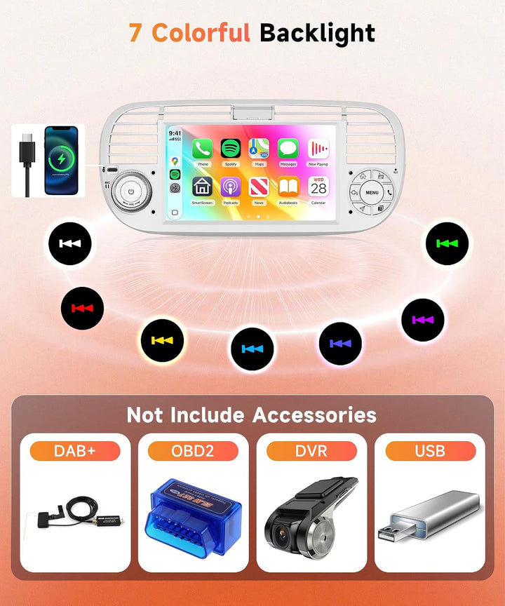 Rimoody 4G+128G Android Autoradio für FIAT 500 2007-2015 Wireless Carplay Android Auto 7 Zoll Touchs