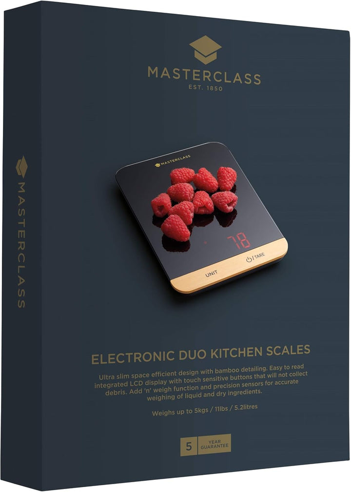 MasterClass Kompakte digitale Küchenwaage in Geschenkbox, Kunststoff / Bambus, Schwarz, 22 x 16 cm