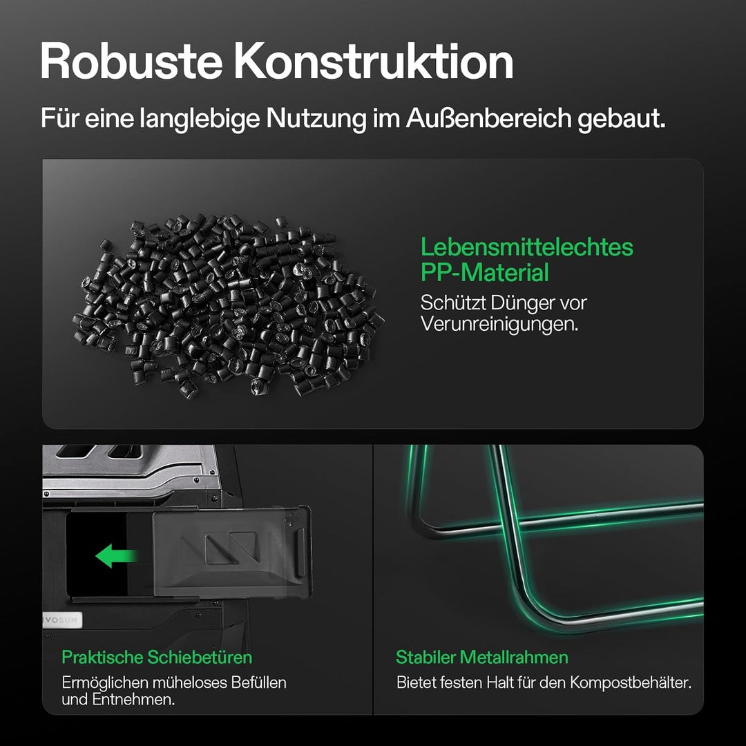 VIVOSUN Trommelkomposter 163L, Drehbarer Schnellkomposter mit 2 Kammern, Robuster Kunststoff Gartenk