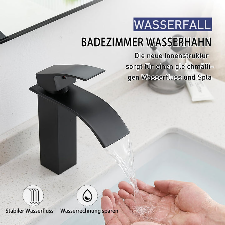 GENBONS Wasserhahn Bad Schwarz, Wasserfall Waschtischarmatur für Badezimmer, Mischbatterie Waschbeck