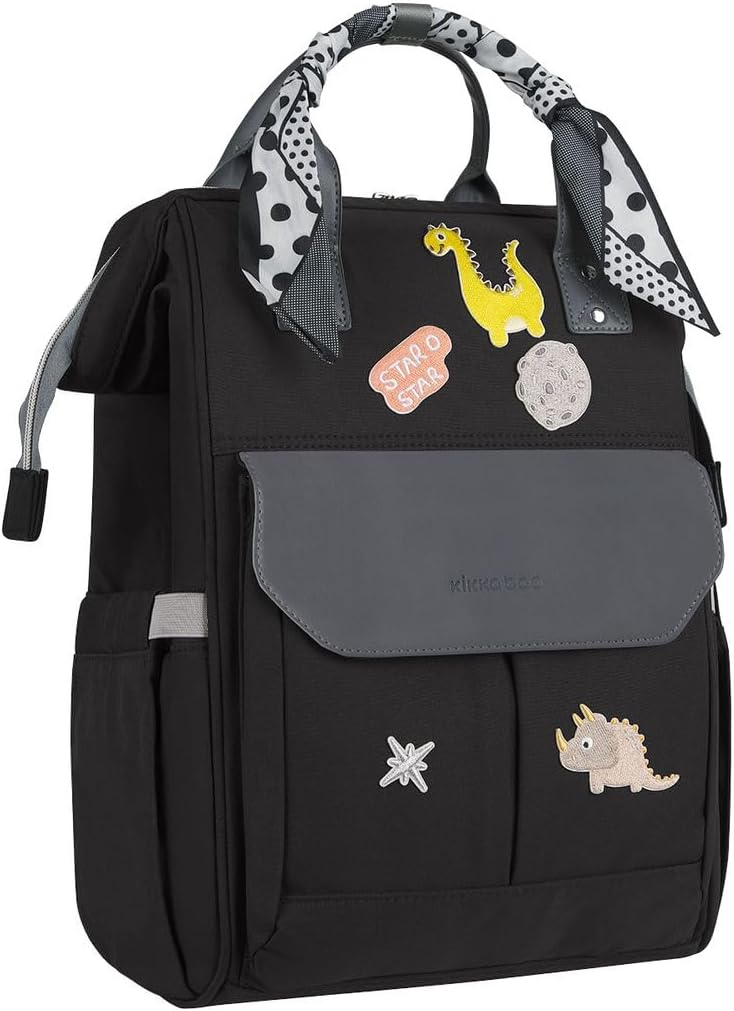 Kikkaboo Wickeltasche Myla Rucksack, Wickeltasche, abnehmbarer Aufkleber Dino Schwarz, Schwarz