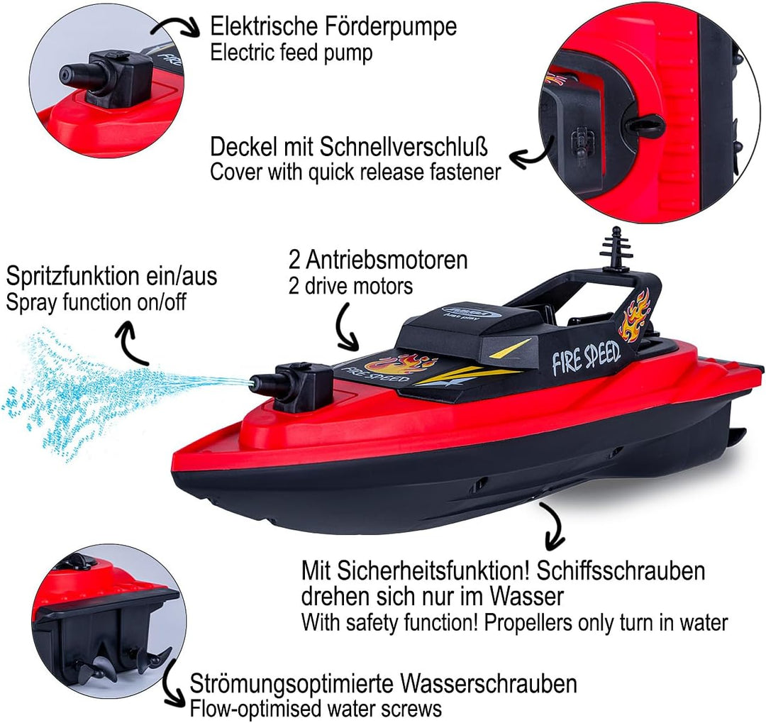 JAMARA 466600 Feuerlöschboot Fire Speed 2,4GHz rot, ferngesteuertes RC Modellboot mit Spritzfunktion