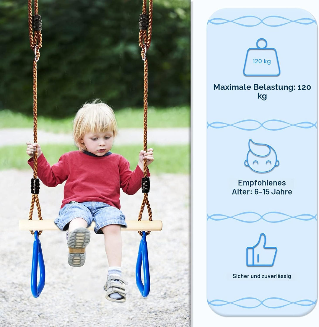 Katomi Multifunktions Kinderholz Trapeze Schaukel mit Kunststoff Turnringe zum Aufhängen belastbar b