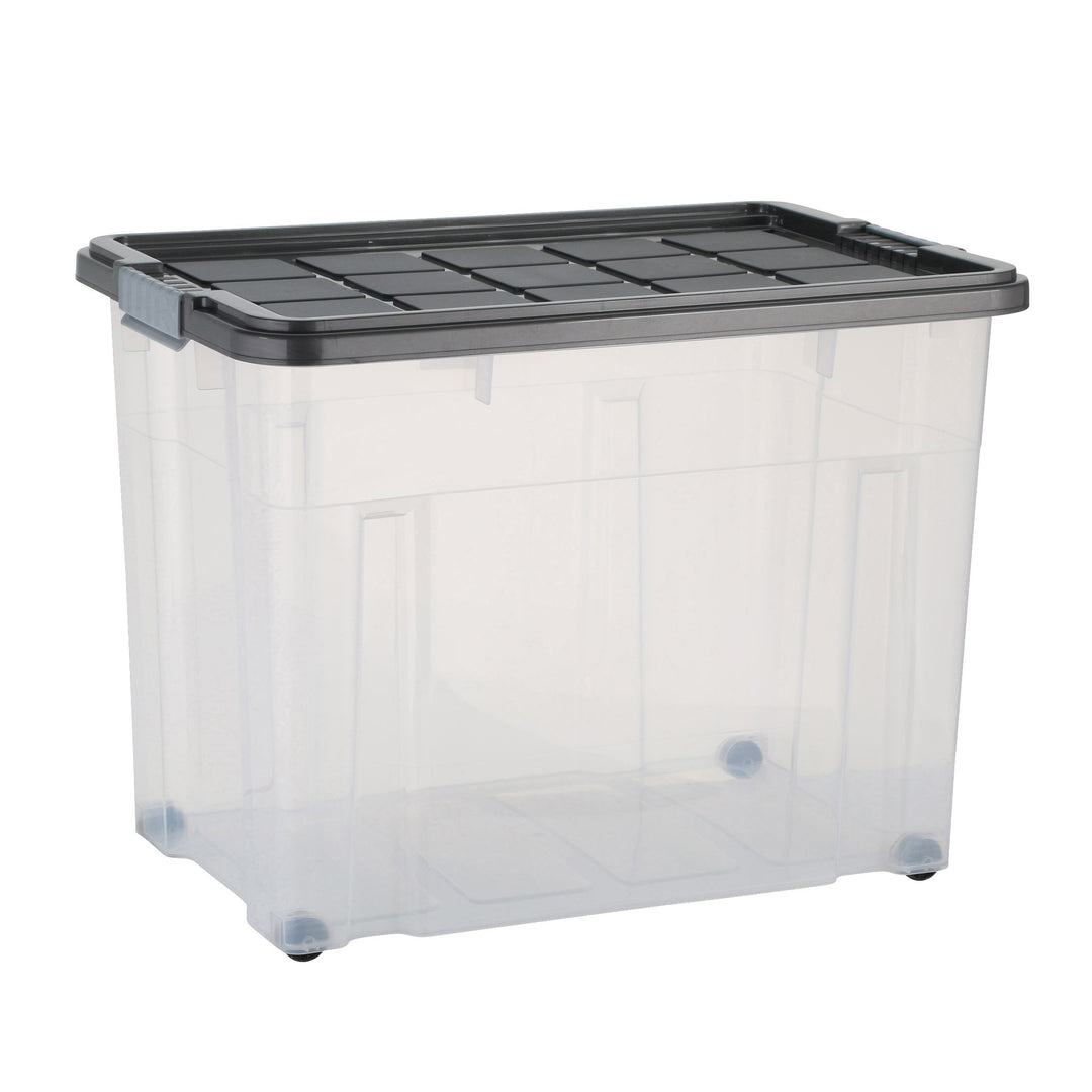 axentia Aufbewahrungsbox mit Rollen & Deckel, Stapelbox aus Kunststoff 80 Liter, Eurobox transparent