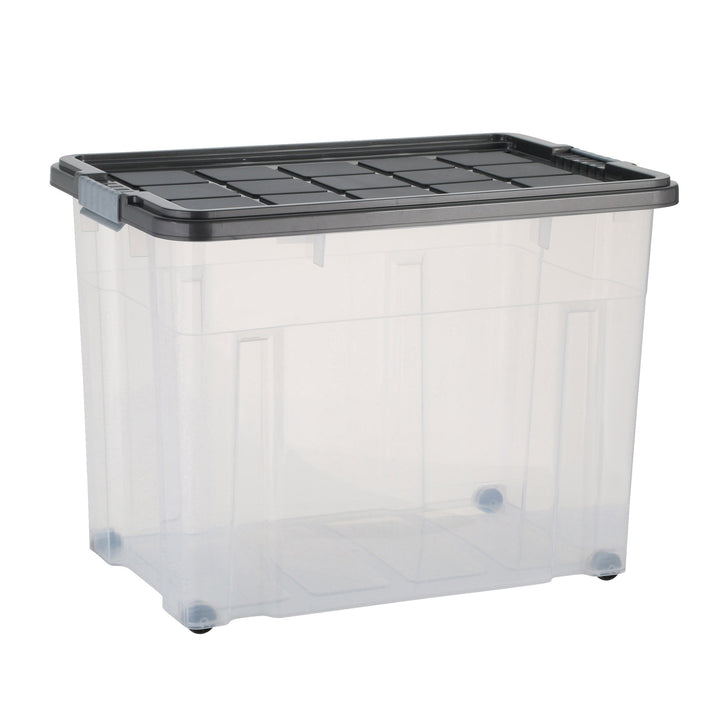 axentia Aufbewahrungsbox mit Rollen & Deckel, Stapelbox aus Kunststoff 80 Liter, Eurobox transparent