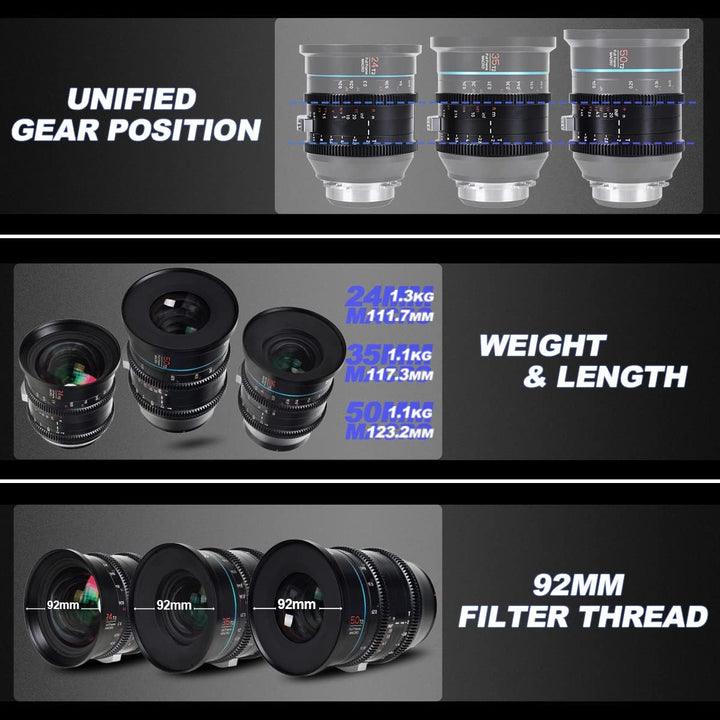 SIRUI Jupiter Macro T2 Vollformat Cine Prime Objektiv Set (24mm, 35mm und 50mm Cinema Objektiv Set),