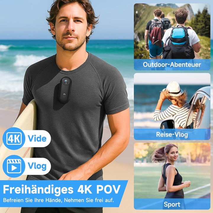 Mini Action Cam 4K, Bodycam körperkamera, POV Actionkamera mit 64 GB Speicherkarte, 120° Weitwinkel,