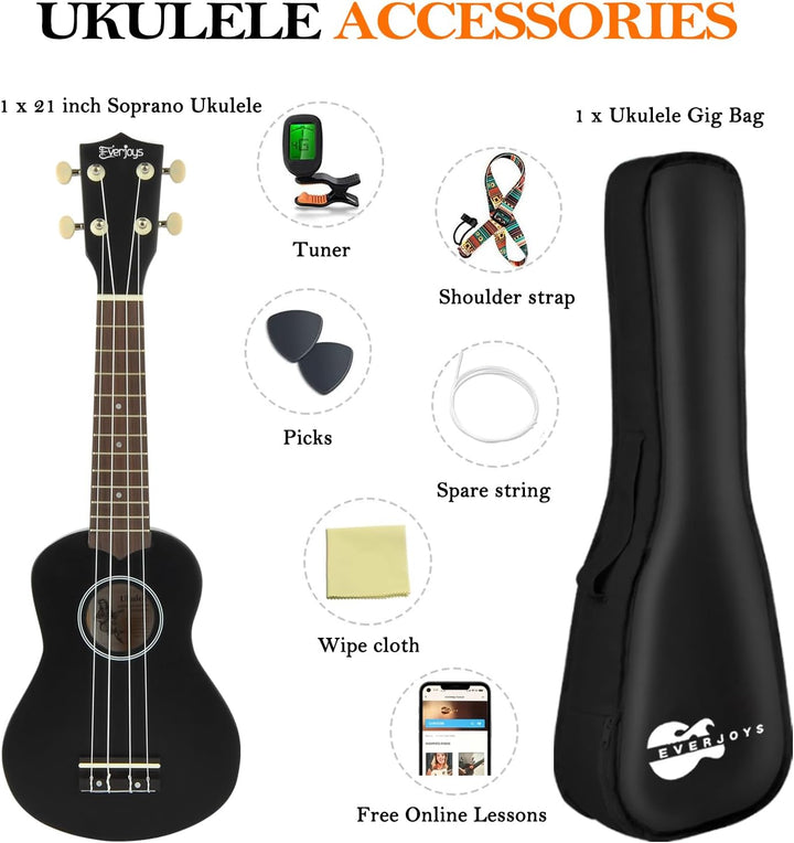 Everjoys Sopran Ukulele Set für Kinder und Erwachsene 21 Zoll Ukulele Starter Kit mit Tasche, Tuner,