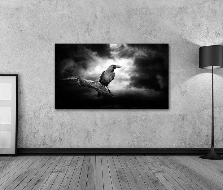 islandburner Bild auf Leinwand Rabe Kahler Zweig Mond Wolken Bilder Wandbilder Poster Leinwand 80x40