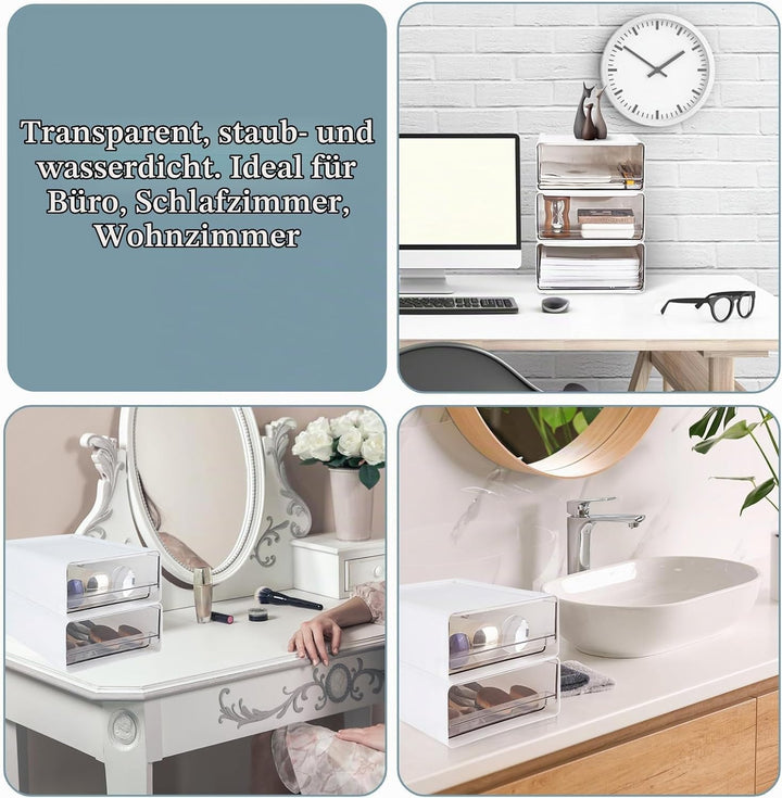 4 Stück Stapelbar Schreibtisch Organize mit 4 Schubladen, Transparent Weiss Schubladenboxen mit Etik