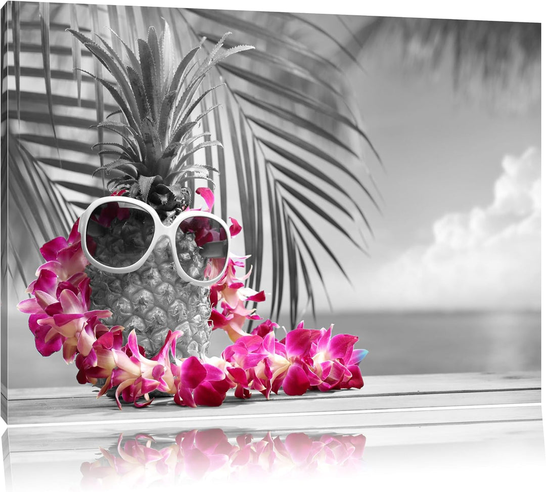 Ananas mit Sonnenbrille schwarz/weiss Format: 100x70 auf Leinwand, XXL riesige Bilder fertig gerahmt
