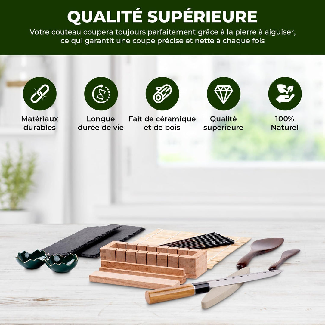 Sushi-Set aus Holz + 5 Essstäbchen + 2 Teller aus Schiefer + Zubehör | Sushi-Set | Sushi Maker aus H